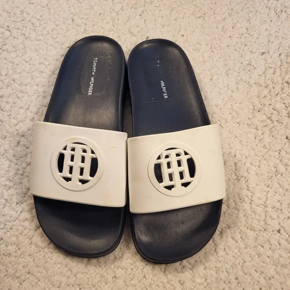 NEW TOMMY HILFIGER slide sandals slip-on white and navy-blue Men's size 8